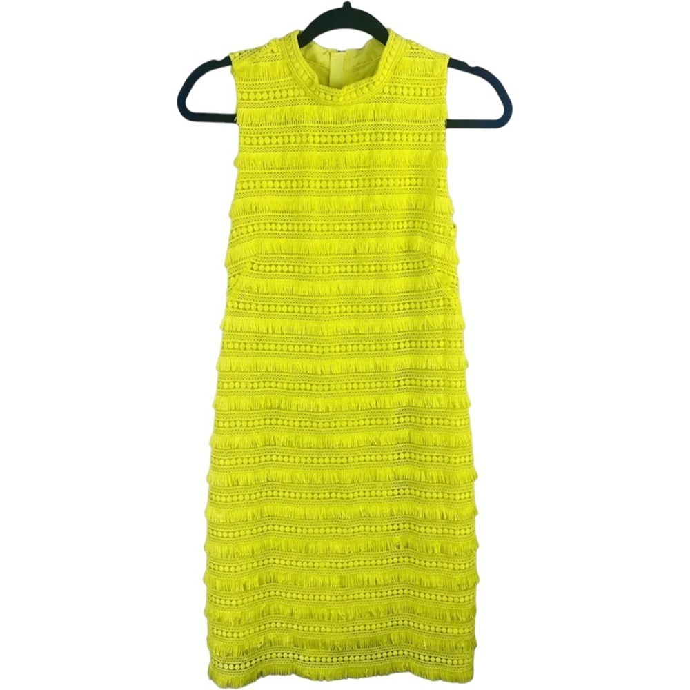 J. CREW Women Yellow Sheath Dress US 4  Fringe Lace Sleeveless Knee Leng…